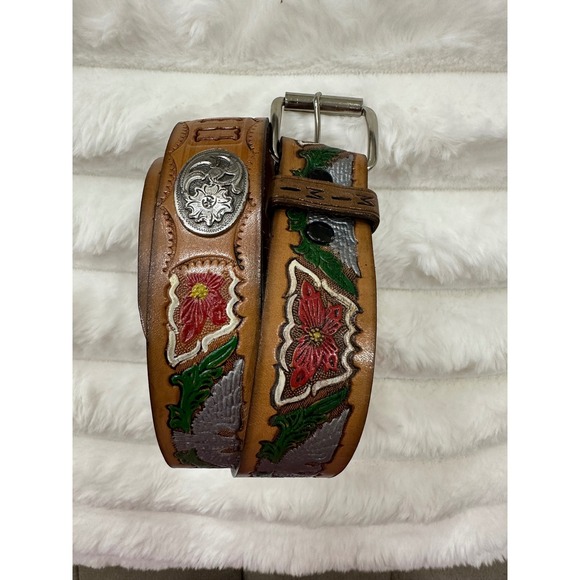 Unbranded Hand Tooled Leather Belt Women Small Tan Good Painted Eagle Floral